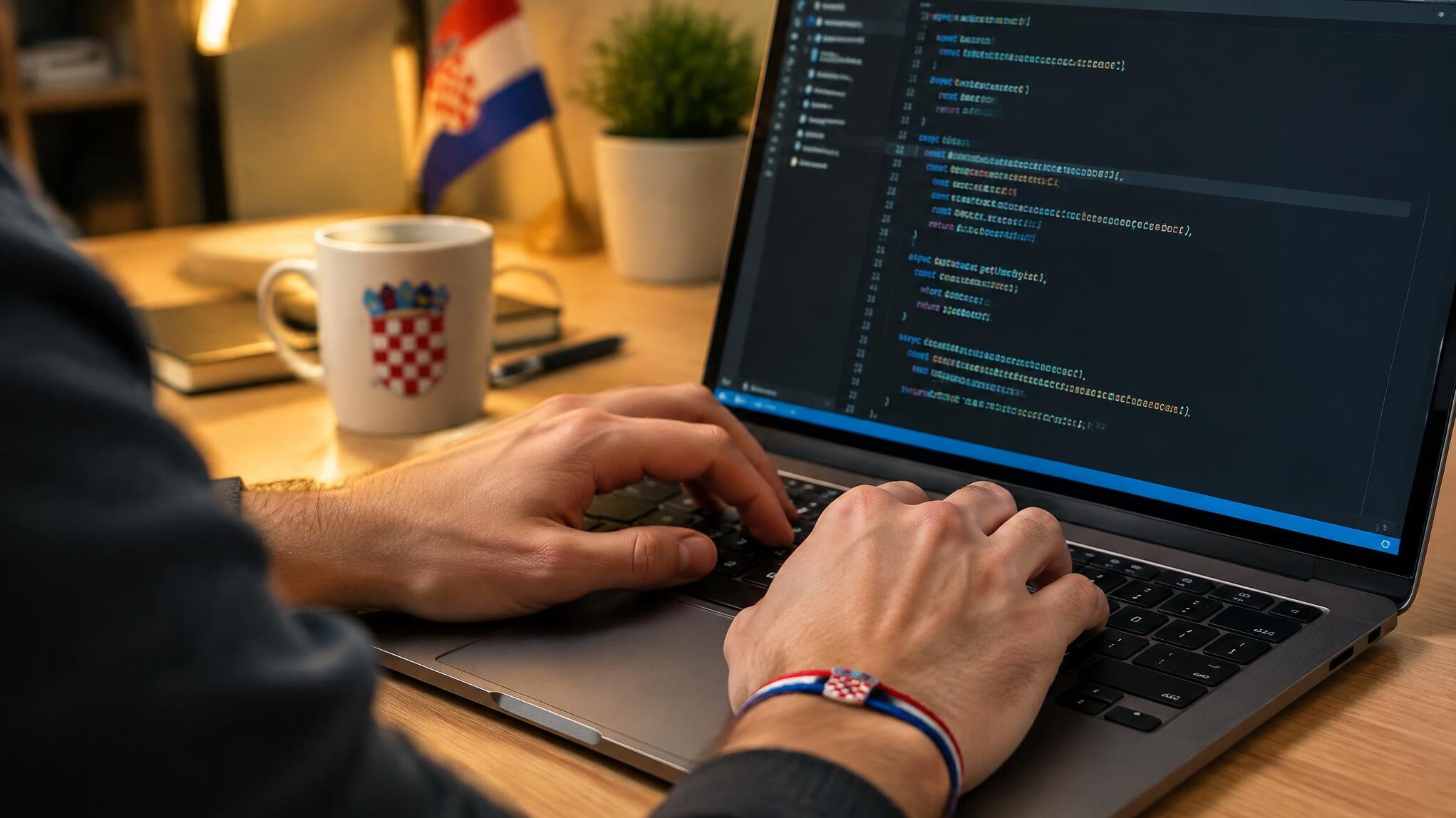 Close-up of hands typing on a laptop keyboard with code on screen